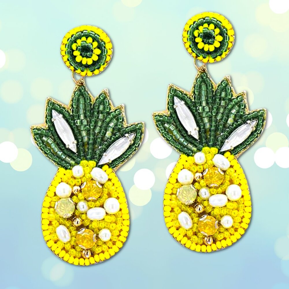 Rhinestone Crystal Seed Bead Sequin Resort Tropical Fruit Statement Earrings NEW